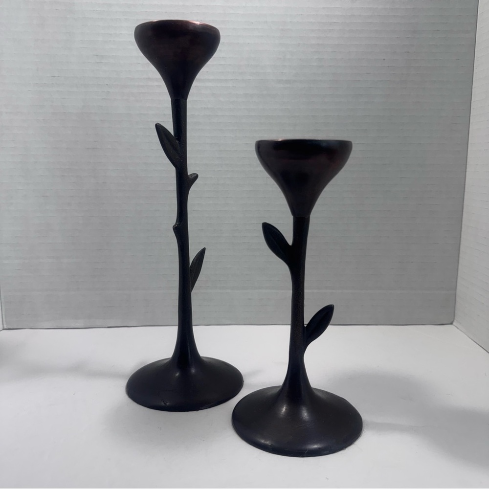 Vintage TAG Copper Set Of Leaf Taper Candle Holders, Felt Bottom, Set Of 2